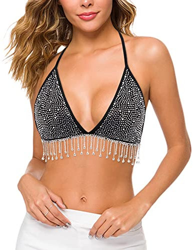 Naimo Damen Strass Crop Cami Top mit Fransen Neckholder Rückenfrei Tank Top Glitzer Party Bauchtanz BH Oberteil Kostüme