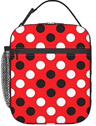 DMORJ Tragbare isolierte Lunch-Tasche, Rot / Weiß, gepunktet, robuste und langlebige kontinuierliche Isolierung, 26,7 x 21,9 x 10,9 cm