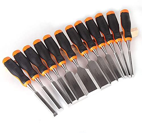 Ciseau en Acier Au Vanadium C, Ensemble De 12 Ciseaux Plats À Bois - -V Couteau De Sculpture sur Bois Professionnel, Manche en Fibre Plastique TPR avec Extrémité Marteau