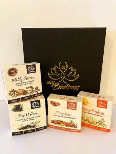 my Emotions Geschenkset Beauty - Always Fresh, Geschenkbox mit 4 handgemachten Naturseifen: Orange Freshness Seife, Worry Less Seife, Deep N Pure Seife, Vitality Espresso Seife