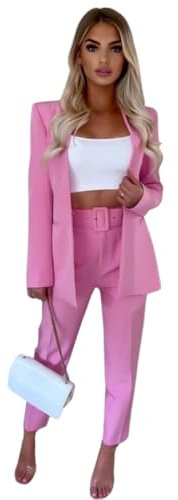 Generico Tailleur Coordinato Donna Elegante Giacca Corta Pantalone Alta Vita Cintura Rosa/L