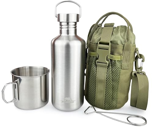 Pubgeer Canteen 42oz Single Wall Water Bottle with 24oz Nested Camping Cup and Carrier Bag, Stainless Steel, Bushcraft Gear, Wide Mouth Water Bottle and Mess Kit, Boil water, Boiler
