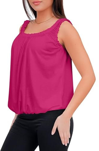Love My Fashions® Women Round Scoop Neckline Gathered Vest Top Ladies Elastic Bubble Hem Summer Straps Balloon Vest Top Fuchsia Pink