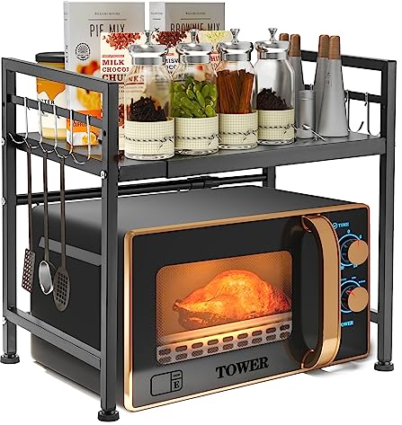 YunNasi Soporte Extensible para Horno de Microondas Estante para Microondas de Acero al Carbono con 10 Ganchos Organizador Estanteria para Encimera de Cocina (Negro 1)
