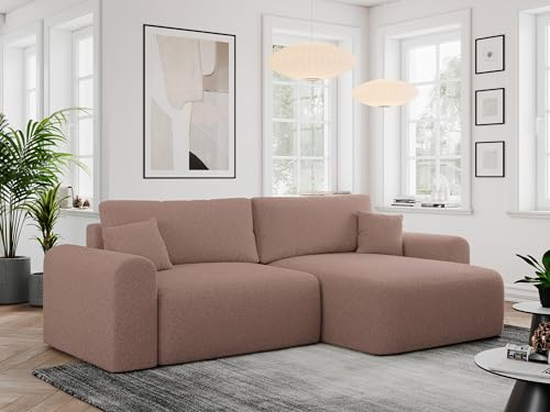MKS MEBLE Sofa L-Form, Ecksofa mit Schlaffunktion, Wohnlandschaft L-Form mit Kissen, Couch L-Form - Nelson - Rosa Boucle