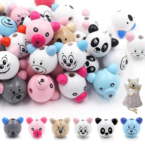 GZhaimai 48 Stück KöPfe für Glückswürmchen, 23mm Holzperlen mit Gesicht für Herstellung von Quasten, Halsketten, Armbändern, DIY Basteln(6 Muster)
