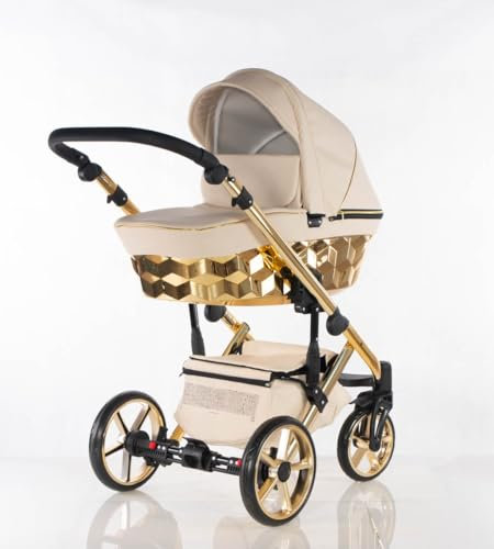 Trio CUBIC Kajtex BBtwin Ecuero Eco Kinderwagen mit goldenen oder silbernen Details, 3-in-1 Kinderwagen und Zubehör (Beige Gold)