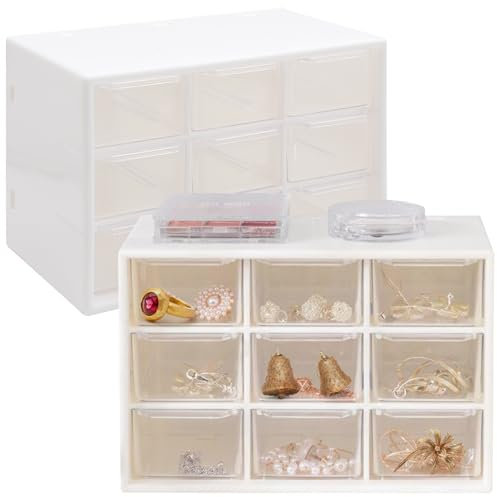 Cisolen 2Pcs Mini Plastic Drawer Organiser 9 Compartments Drawer Storage Containers Removable Stackable Clear Detachable Desktop Art Craft Storage Box Caddy for Tools Sewing Hair Accessories