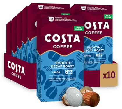 Costa Smooth Decaf Roast Aluminium Coffee Pods (Pack of 10, Total 100 Coffee Capsules)