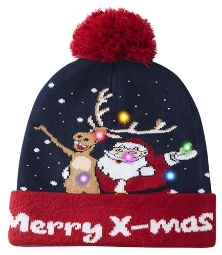 Fanient Weihnachtsmütze Jungen Mädchen Unisex LED Leuchtende Strickmütze Elch Weihnachtsmann Druck Mütze