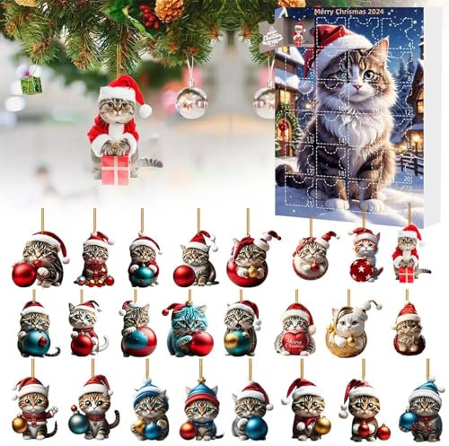 Weihnachtskugeln Katzen Anhänger, Weihnachten Adventskalender 2024, 24-Tage-Weihnachts-Countdown-Kalender für Katzenliebhaber, 2D Acryl Katzen-Hängeanhänger Weihnachtsdeko (01#)