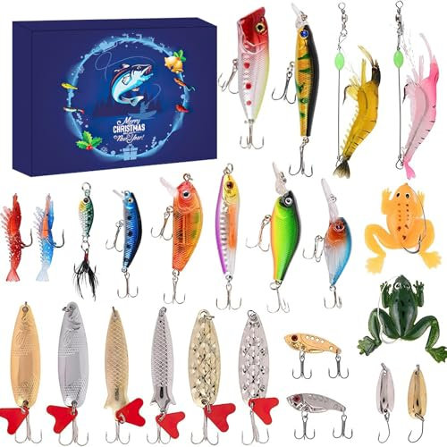 Angeln Adventskalender 2024, 24 Tage Weihnachten Countdown Kalender Angelköder Set für Angler, Überraschung Weihnachten Adventskalender Geschenke für Männer, Ehemann, Vater, Opa, Bruder