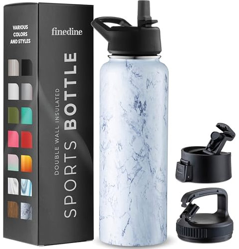 1180ml Triple Walled, Insulated Water Bottles with Straw - Stainless Steel Metal Bottle W/ 3 Leak Proof Lids - For Travel, School, Sports, Gym/Men, Women (Fresh White Marble)