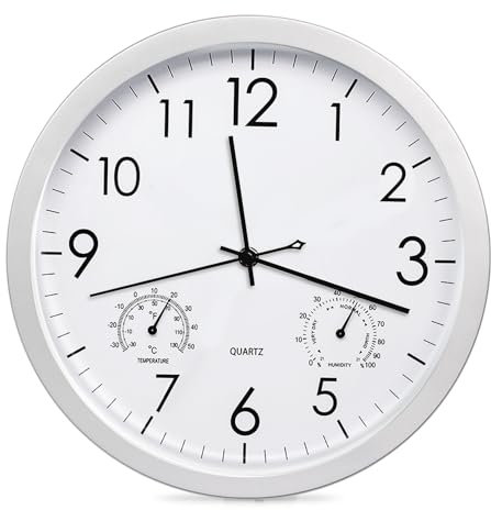 BORDEAG Gartenuhr Wetterfest, Wanduhr Ohne Tickgeräusche mit Temperatur und Luftfeuchtigkeit, Wanduhren 30CM, Küchenuhr, Große Wanduhr Modern für Wohnzimmer Küche Zuhause Schlafzimmer Büro(Weiss)