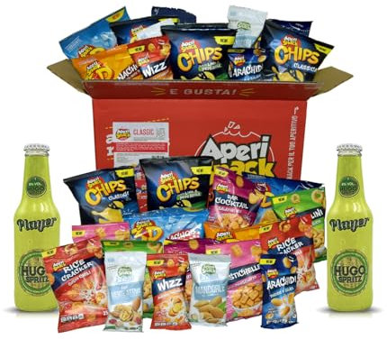 APERIBOX CLASSIC 32 pezzi con 2 Hugo da 20cl - AP18.001.26 - Scatola regalo con Snack salati, patatine e frutta secca, per aperitivo fai da te o gadget compleanno adulti