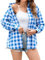 Stamain Chemise a Carreaux Bleu Femme Chemise à Boutons à Manches Longue Country Top à Enrouler Décontracté Bureau Classique Fête avec Poches S