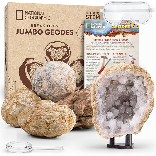 National Geographic Break Open 5 Jumbo Geodes Earth Science Kit for Kids | 5 Jumbo Geodes, Safety Goggles, Real Crystals Inside, Break Your Own Geodes, Earth Science Activity, Geology Kit