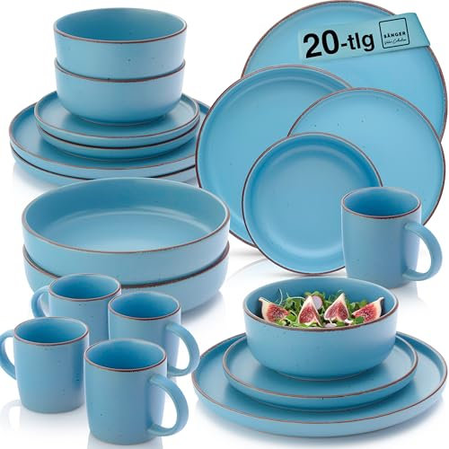 SÄNGER Bombay Saphir | Kombiservice 20 teilig, Steingut Geschirr 4 Personen, 4x Speiseteller 4x Dessertteller 4x Schalen 4x Pastateller 4x Kaffeebecher, Teller Set modern | VALUE COLLECTION