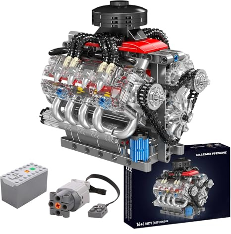 Mini V8 Engine Model Kits - 487 Pcs to Build Your Own Mini Engine That Runs, DIY STEM Engine Building Blocks Sets with Battery Box and Motor, Hobby Building Blocks for Adults (V8 487PCS)