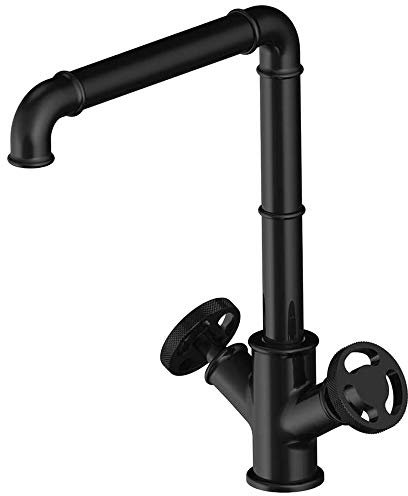 Vintage Schwarz Küchenspüle Mischbatterie Industrie Steampunk Wasserhahn mit Schwenkauslauf Retro Dual Handrad Messingkonstruktion für Warm- und Kaltwasser Standardeinlassrohr