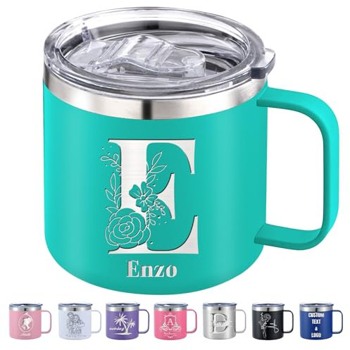 Xihedfd Personalised Coffee Mug Custom 12oz 14oz Insulated Tumbler with Name Logo Photo Text Engraved Customised Stainless Steel Tumbler with Handle Lid Gifts for Women Men