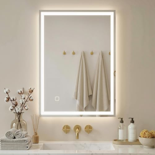 HOMCOM Badspiegel mit Beleuchtung 70 x 50 cm mit Memory-Funktion Weiß | LED Spiegel, Wandspiegel, Touchschalter, Beschlagfreier Lichtspiegel, 3 Lichtfarben