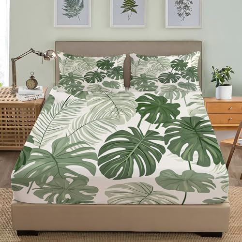 Einzelbett Spannbetttücher Set 90x200 cm Tropisches Blattmotiv Weiches Mikrofaser Bettlaken für Kinder Erwachsene 3 Teilig, GrüN Anti-Falten und Schrumpf Bettwäsche-Sets