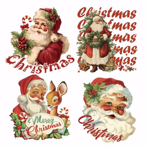 SUPERDANT 4 x Vintage Wärmetransfer Aufkleber Mit Weihnachtsmann Beeren Weihnachtsmann Mit Kranz Zum Aufbügeln Hirsch Aufbügler Waschbar Für Kleidung T Shirt DIY Applikation