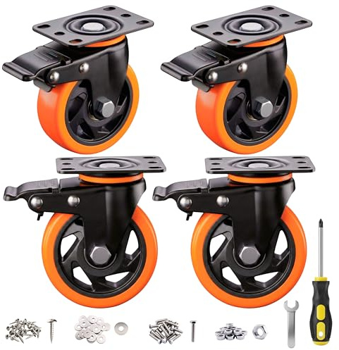 Yuconect 4 Stück Schwerlastrollen 75 mm mit Bremsen, 360° Drehung, inkl. Montagezubehör - Lenkrollen & Transportrollen aus PU (schwarz/orange) für Möbeltransport & Industrietransport, Bodenschutz
