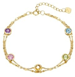 Epinki Armbänder Damen 585 Gold, Doppel Kette Armreif Echtgold Natürlicher Edelstein (Rundschliff, Bunt), Armreifen 14K Gelbgold Echtgold Schmuck, 23CM