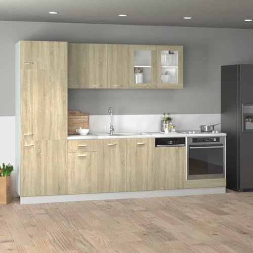 Hoopleep 8-TLG. Küchenschrank-Set Lyon, Sonoma-Eiche Holzwerkstoff, feuchtigkeitsbeständig, geräumige Aufbewahrung für Küche, Esszimmer, modern, 60-80cm breit, praktisches Design