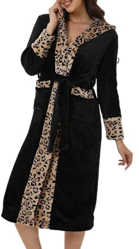 Surwin Vestaglia Accappatoio da Donna in Morbido Pile Vestaglia da Bagno Lunga Accappatoio Flanella Pigiama per Festa di Nozze Pigiameria - Stampa Leopardata