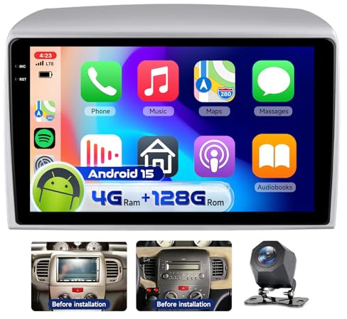 4G&64G 9 Autoradio per Lancia Ypsilon 2006-2011 con Carplay Android Auto Wireless Android 15,Bluetooth RDS/FM Radio,Wi-Fi GPS Navi,Telecamera posteriore AHD