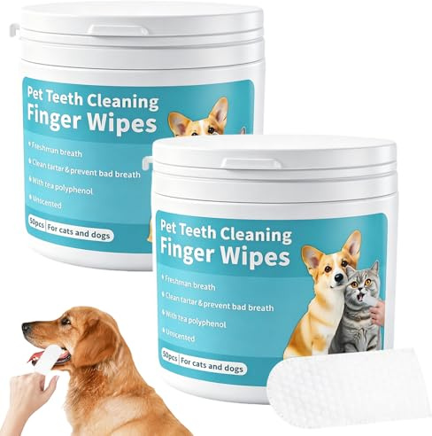 Mbuaopa 2 Box Natural Pet Dental Finger Wipes, 100 Count Dog Teeth Cleaning Wipes, Pet Dental Finger Wipes for Plaque & Tartar Removal, Breath Freshening, No-Rinse Oral Care