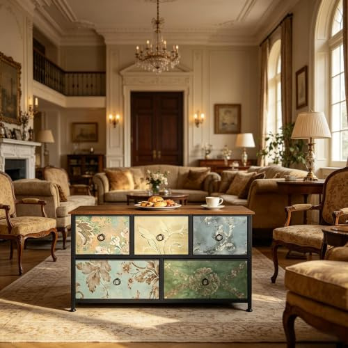 staronce Kommode mit 5 Schubladen, Sideboard 100 cm breit, Schubladenschrank mit Blumenmotiv, Aufbewahrungsschrank für Wohnzimmer Flur Schlafzimmer, Stabiler Metallrahmen, buntes Blumen-Design