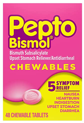 Pepto Bismol Chewable Tablets, Upset Stomach Relief, Nausea Relief, Heartburn Relief, Indigestion Relief, Anti Diarrhea Medication for Adults - 5 Symptom Relief, 48 ct