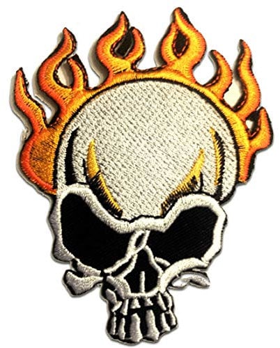 Catch the Patch Totenkopf Flammen Biker - (Größe: 7,4 x 10 cm) – Stickpatch – Ideal für Kutte, Rockerjacke, Jeansweste, Kleidung & Accessoires – Robuster Patch für Erwachsene