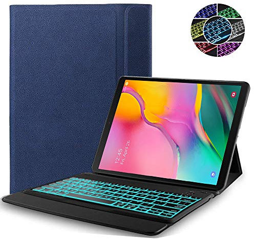 RLTech Samsung Galaxy Tab A 10.1 2019 Keyboard Case - (QWERTY Layout), 7 Colors Backlit Ultra Slim Flip One-Piece Wireless Keyboard Stand Case Cover for Samsung Galaxy Tab A T510/T515 10.1 2019, Blue