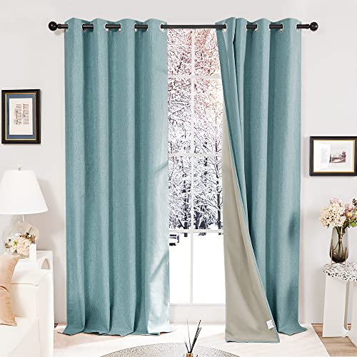 Deconovo 2 Vorhänge für Wohnzimmer, Dekoration, Wohnzimmer, Leinenoptik, mit Ösen, Blickdicht, Küche, Schlafzimmer, Büro, 117 x 229 cm, Türkis