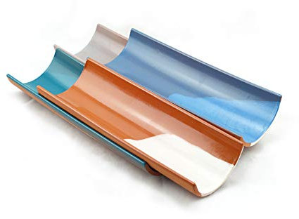 Hostelnovo - Juego de 4 tejas para calçots - Set de tejas para comer calçots - Cerámica - Fabricado en España - Azul, Turquesa, Marrón y Gris - 30 x 9 cm