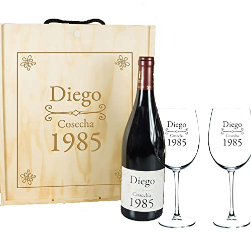 Calledelregalo Kit Personalizado: Caja de Madera + 2 Copas de Vino + Botella de Vino/Todo Personalizado