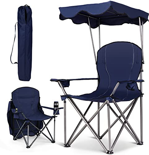 COSTWAY Chaise de Camping Pliante en PVC avec Porte-gobelet, Pare-Soleil, Sac de Transport,Accoudoirs Rembourré Portable 120 KG pour Randonnée, Plage, Pêche (Bleu)