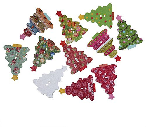 SiAura Material - 50 Stück Holzknöpfe Weihnachten Weihnachtsbaum 35mm x 25mm, zufällig gemischt, 2 Löcher I Zum Nähen, Basteln und Dekorieren