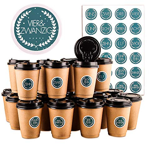 Calendario Dell'Avvento Bicchieri da Caffè, 24 Bicchierini Caffe, Bicchieri Caffe Asporto con Coperchio 400ml, 24 Adesivi Numerati, Usati per la Decorazione e Calendario Dell'Avvento Fai-da-Te (Ciano)