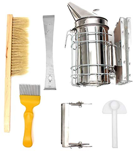 N / A Bienenzucht Werkzeug Imkereibedarf Imkereizubehör Bienen Smoker Für Professionelle Einsteiger Imker (Silber, 6 Teiliges Set)