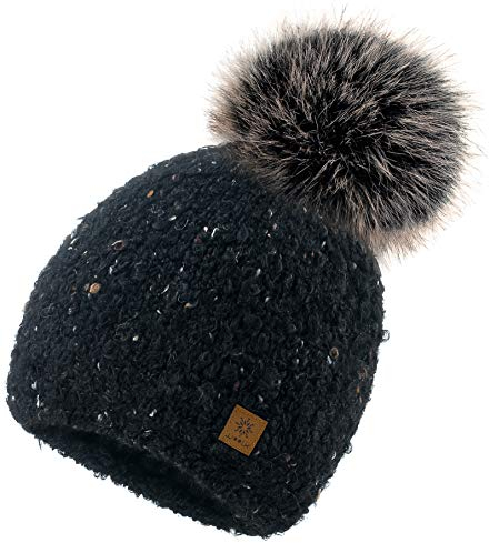 4sold Panti Mütze Mit Futter Damen Winter Beanie Mädchen Ski Winter Alpaka Wolle Nylon Strickmütze Snowboard Strick Hals Hüte Fleece Bommel Pom Pom Made in EU (Black)