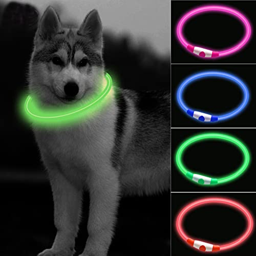 CCWW LED Leuchthalsband für Hunde und Katzen, USB Aufladbar, Längenverstellbar, Drei Beleuchtungsmodi, Grüner Nylon Hundehalsband für alle Rassen und Größen