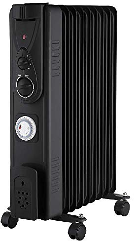 PRO ELEC PELL0214-UK 2kW 9 Fin Oil Filled Radiator with Timer, Black