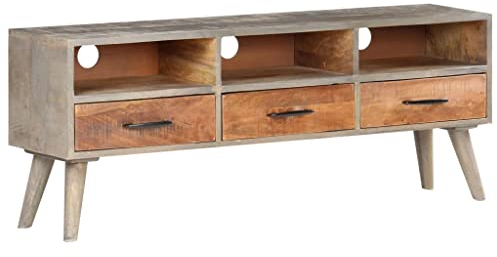 vidaXL Raues Mangoholz Massiv TV Schrank Lowboard TV Möbel Tisch Board Sideboard Fernsehtisch Fernsehschrank HiFi-Schrank Grau 130x35x51cm