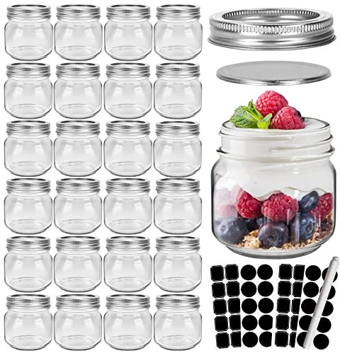 CycleMore 24 tarros de vidrio transparente de 8 onzas con tapas separables plateadas regulares, tarros redondos de 250 ml para conservas de especias para miel, mermelada, hierbas, recuerdos de boda,